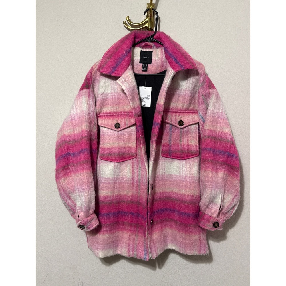 Forever 21 Plaid Shacket Women Large Pink Wool Blend Fuzzy Oversized Jacket